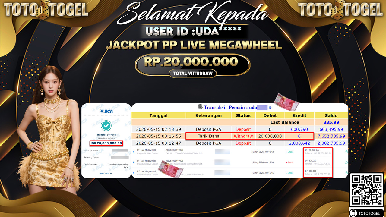 Bukti Pembayaran Jackpot Permainan PP Live Megawheel ID:UDA***** LUNAS