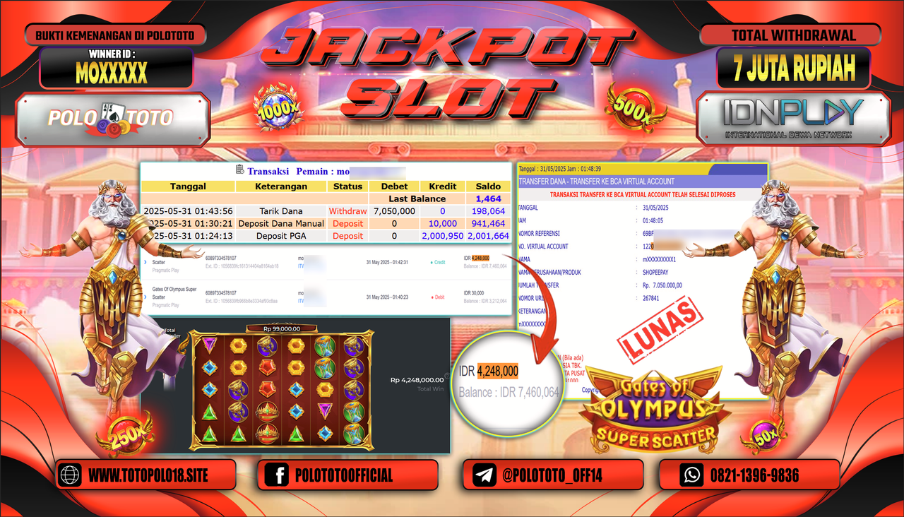 POLOTOTO JACKPOT SLOT GATES OF OLYMPUS SUPER SCATTER Rp.7.050.000,-