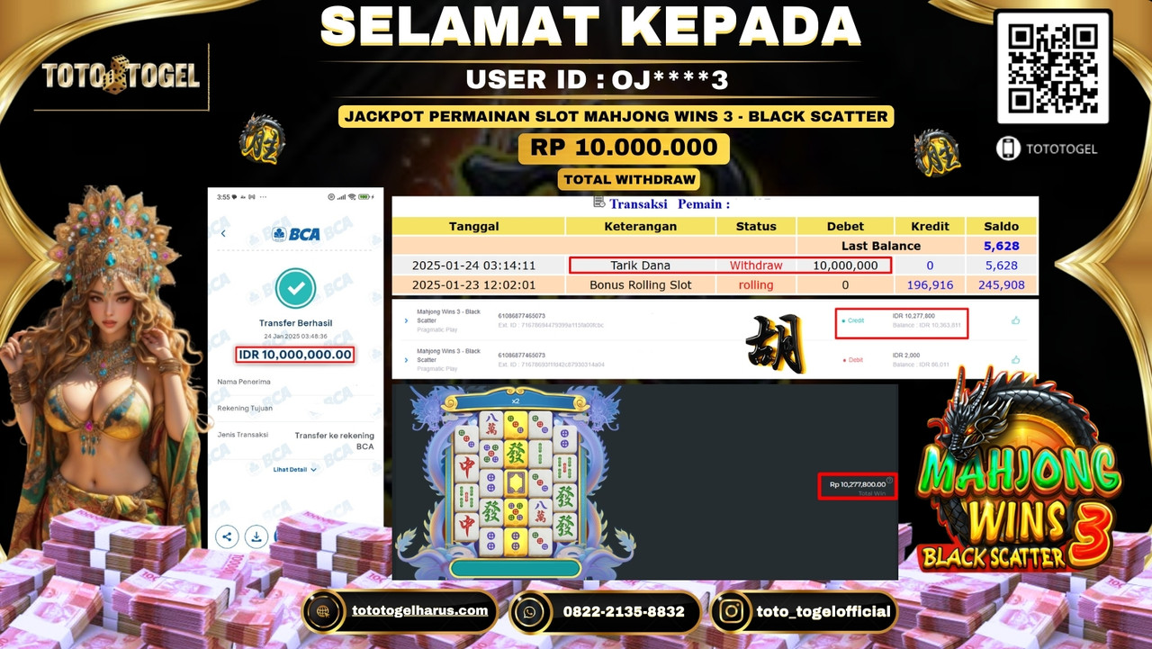 Bukti Pembayaran Jackpot  Permainan Slot Mahjong Wins 3 - Black Scatter  ID:OJ****3  LUNAS