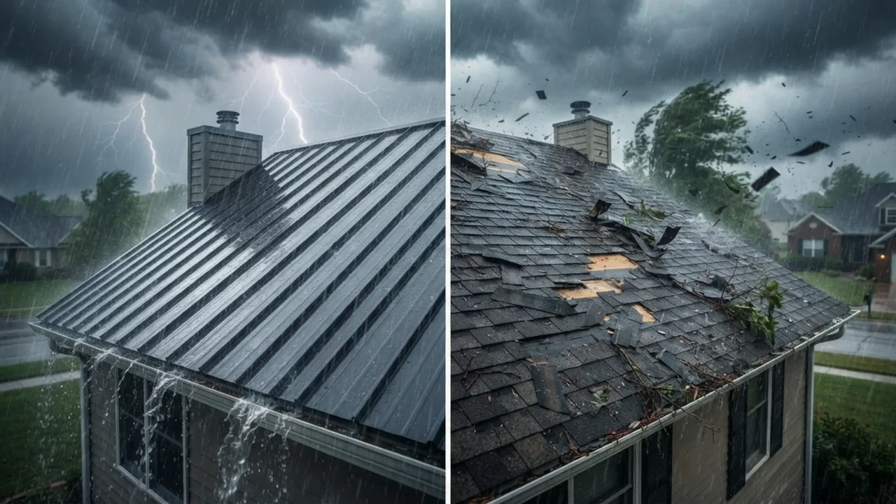 Metal roof versus asphalt shingle comparison showing storm resistance differences