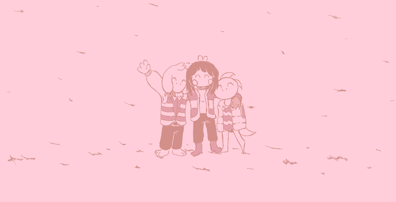Asriel and MK in a cheerful group hug with, Chara in the middle.