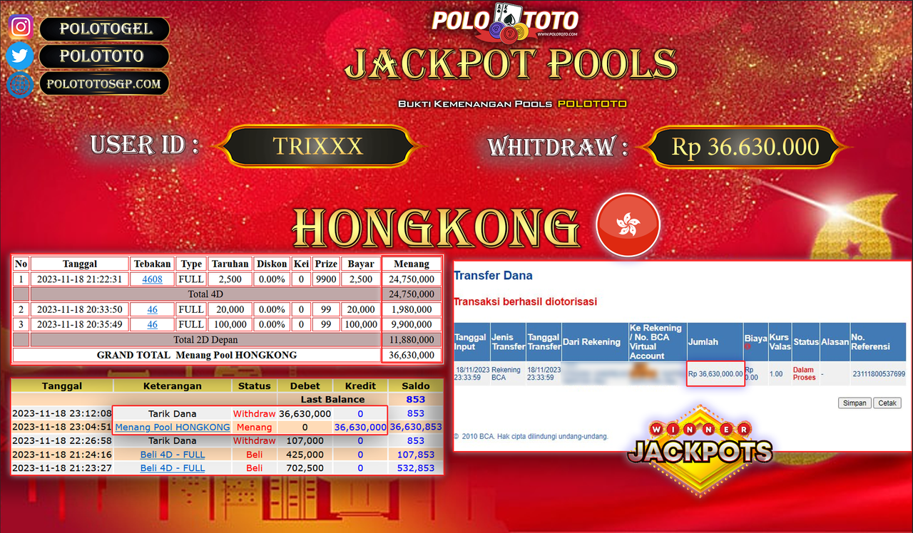 BUKTI PEMBAYARAN JACKPOT DIPOLOTOTO DIBAYAR LUNAS!!!