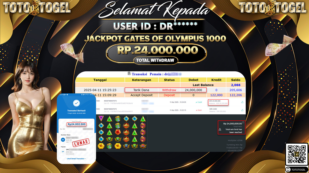 Bukti Pembayaran Jackpot  Permainan Slot Gates Of Olympus 1000 ID:DR****** LUNAS
