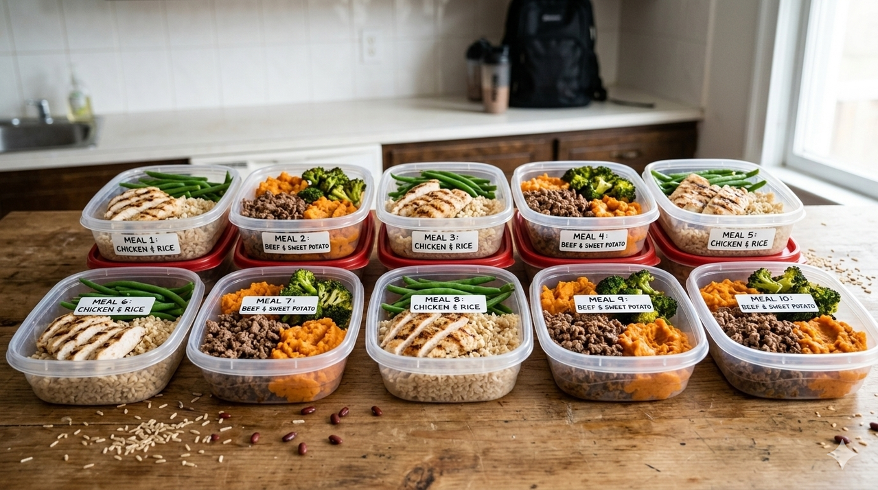 Batch cooked meals in containers for cheap grocery list for bodybuilding on a budget