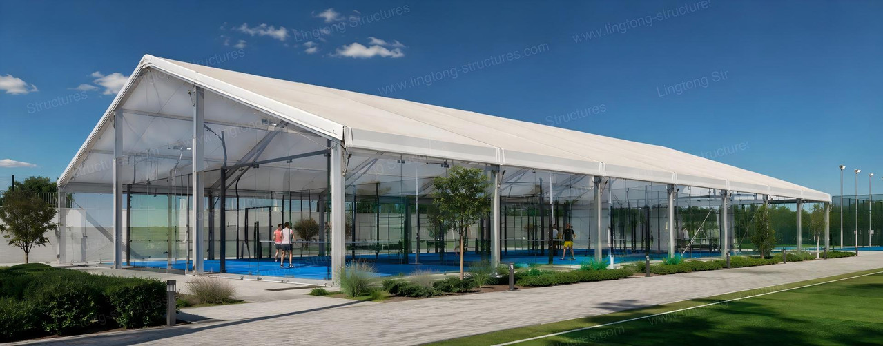 Aluminum Padel court tent covering existing outdoor court with transparent sidewalls for natural light