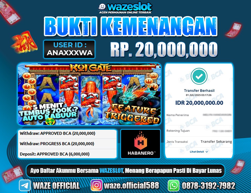 BUKTI KEMENANGAN 1 JULI 2025 DI GAME KOI GATE ( HABANERO )