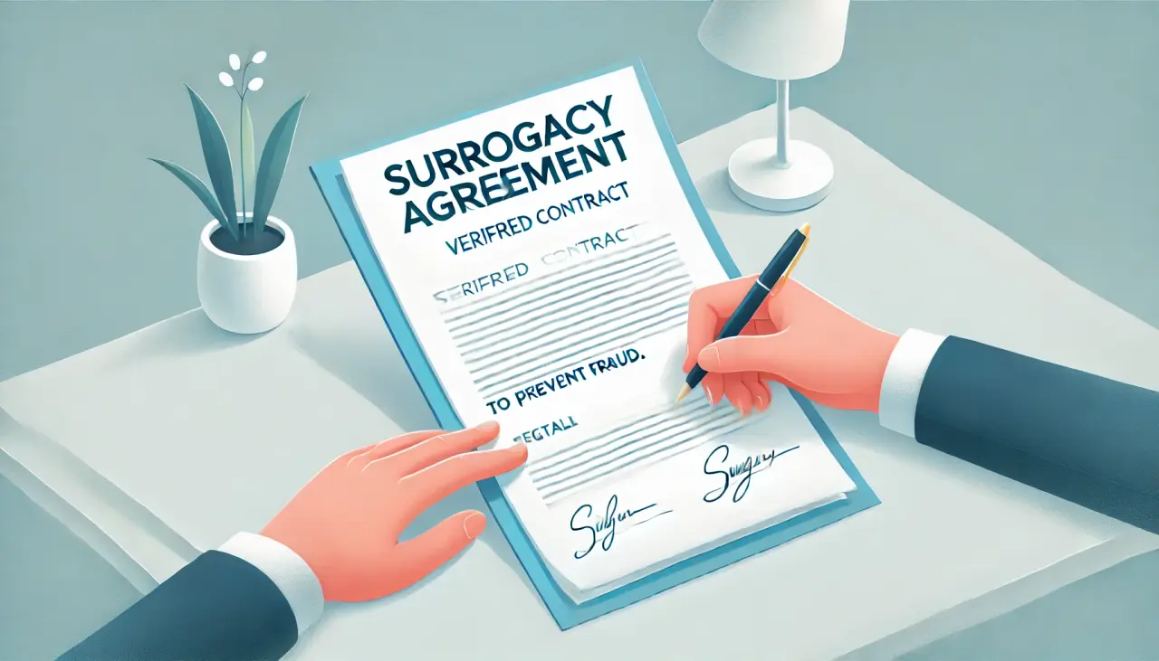 Illustration of a verified legal contract titled 'Surrogacy Agreement,' emphasizing the need for official agreements in surrogacy.