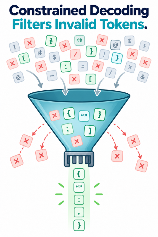 Funnel diagram showing constrained decoding filtering invalid tokens