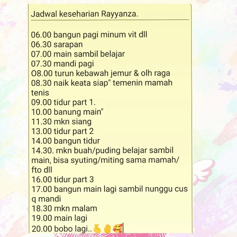 Jadwal keseharian Rayyanza yang dibuat oleh pengasuhnya, Rini.