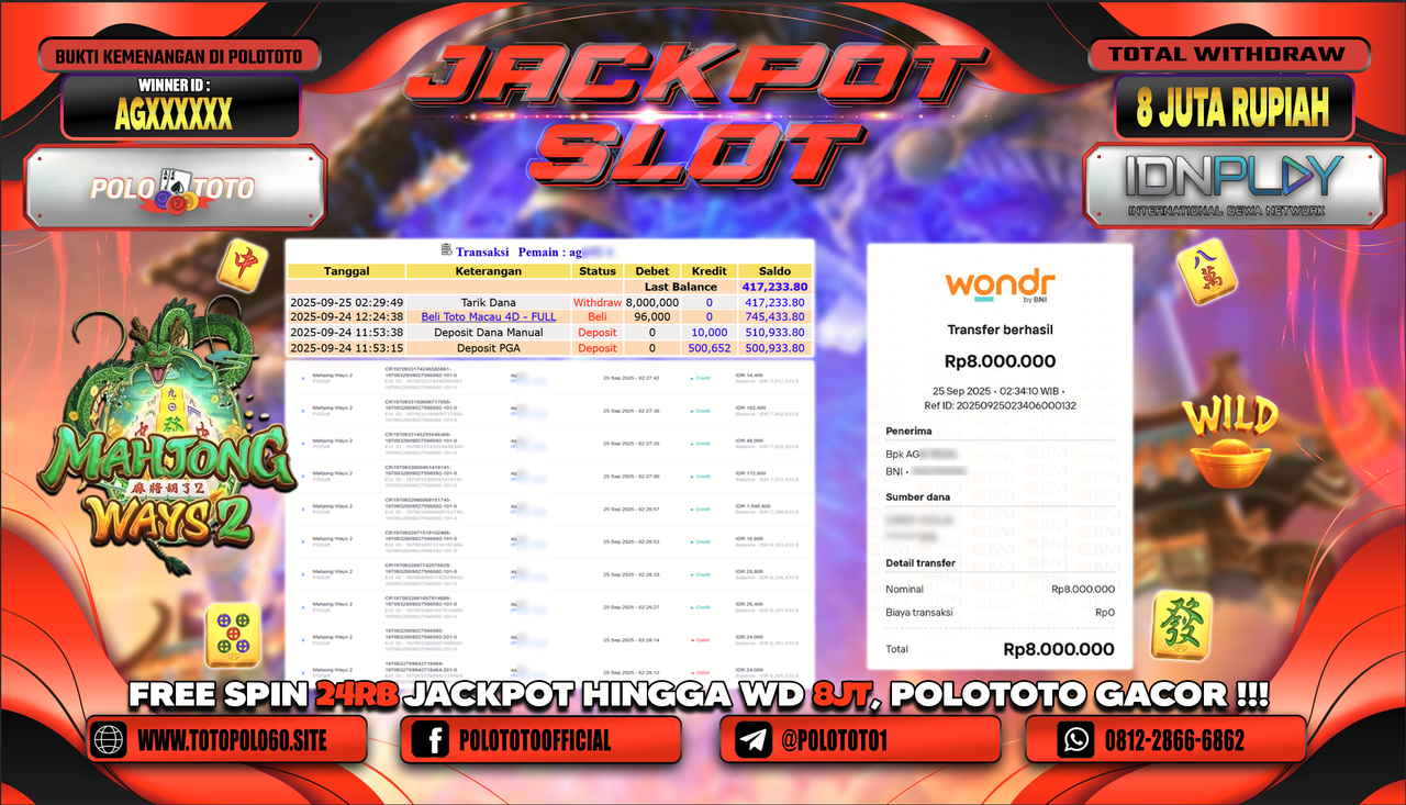 POLOTOTO JACKPOT SLOT MAHJONG WAYS 2 Rp.8.000.000,- LUNAS
