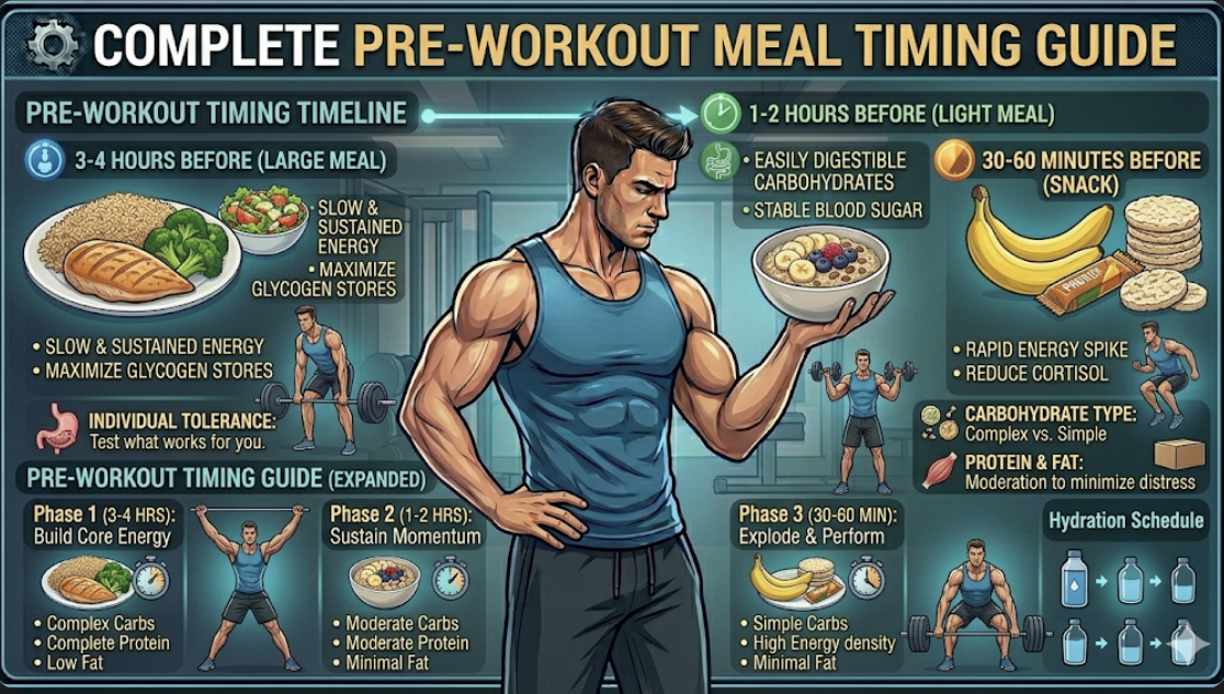 Pre-workout meal timing guide showing when to eat before exercise including banana rice cakes oatmeal and Greek yogurt for optimal energy