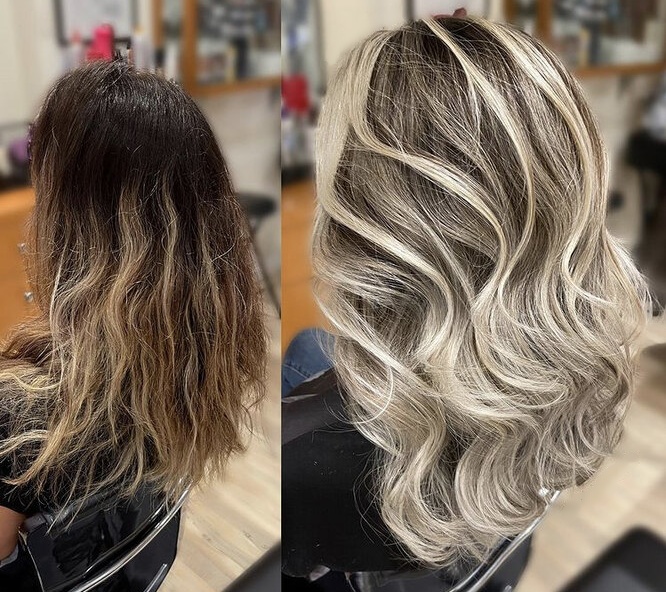 Gray hair covered with brown and blonde highlights and lowlights