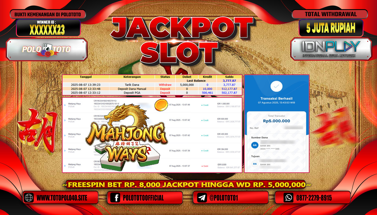 POLOTOTO JACKPOT SLOT MAHJONG WAYS Rp.5.000.000,-LUNAS