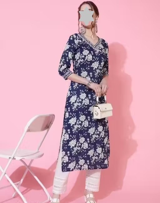 Blue Floral Printed Kurta for Women| 100% Pure Cotton | Straight Regular Fit | V-Neck | 3/4 Sleeves | Calf Length | Ideal for Formal, Daily & Office Wear Color 1 (KS170)