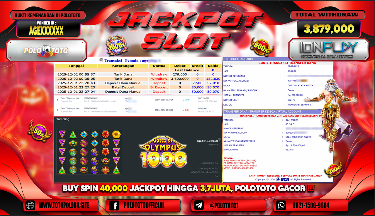 POLOTOTO JACKPOT SLOT GATES OF OLYMPUS 1000 Rp.3.879.000,- LUNAS