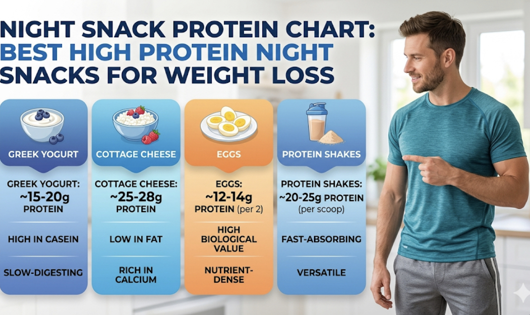 Night snack protein chart showing best high protein night snacks for weight loss including Greek yogurt cottage cheese eggs and protein shakes