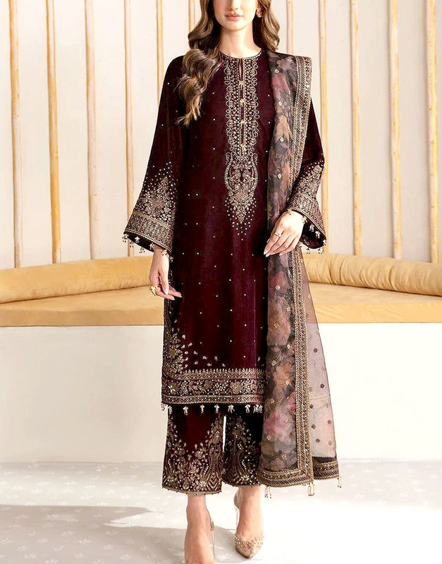 Luxury Heavy Embroidered Velvet Wedding Dress with Emb. Silk Trouser 2026