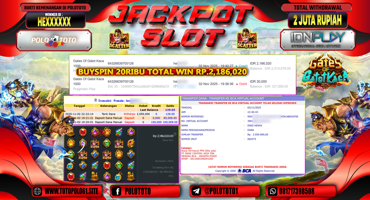 POLOTOTO JACKPOT SLOT GATES OF GATOT KACA 1000 Rp.2.000.000,- LUNAS