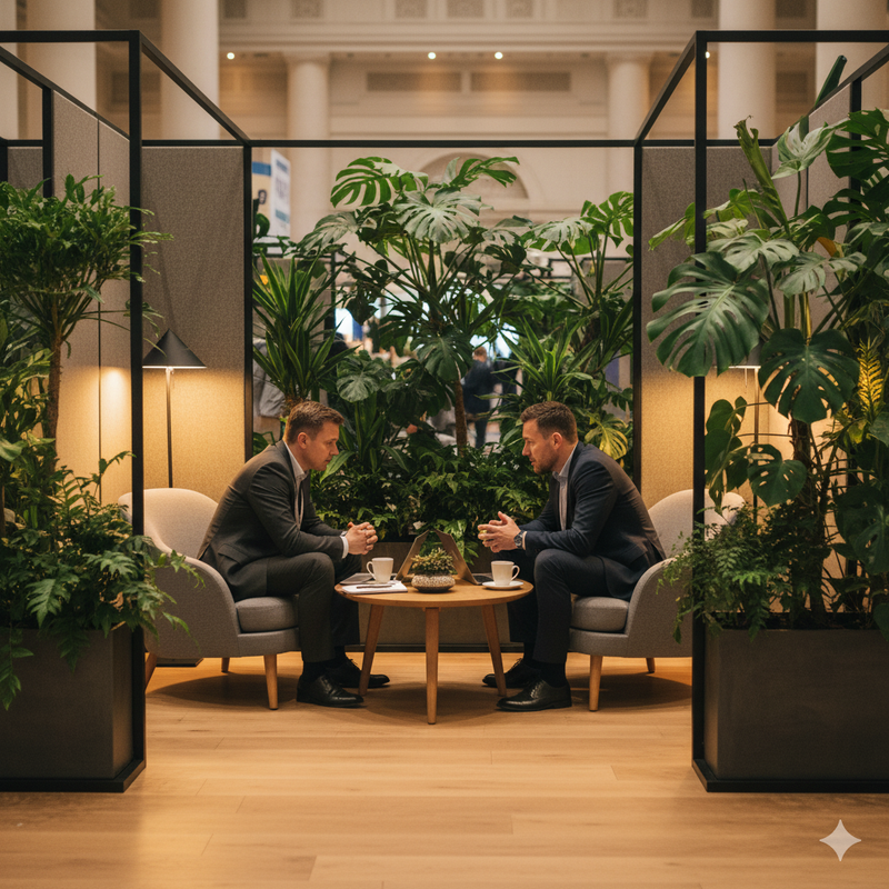 Лаунж-зона с мягкой мебелью и растениями для приватных переговоров