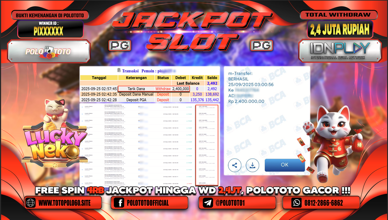 POLOTOTO JACKPOT SLOT LUCKY NEKO Rp.2.400.000,- LUNAS