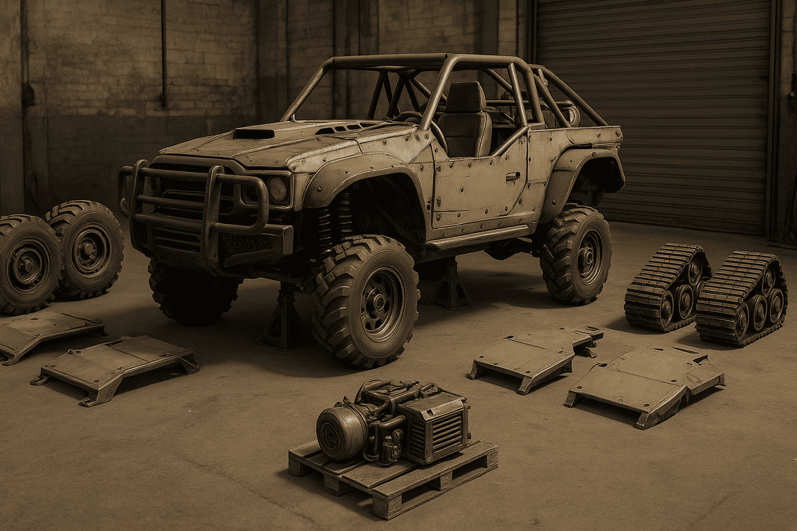 Внедорожник в мастерской рядом с бронепанелями и комплектами колёс и гусениц