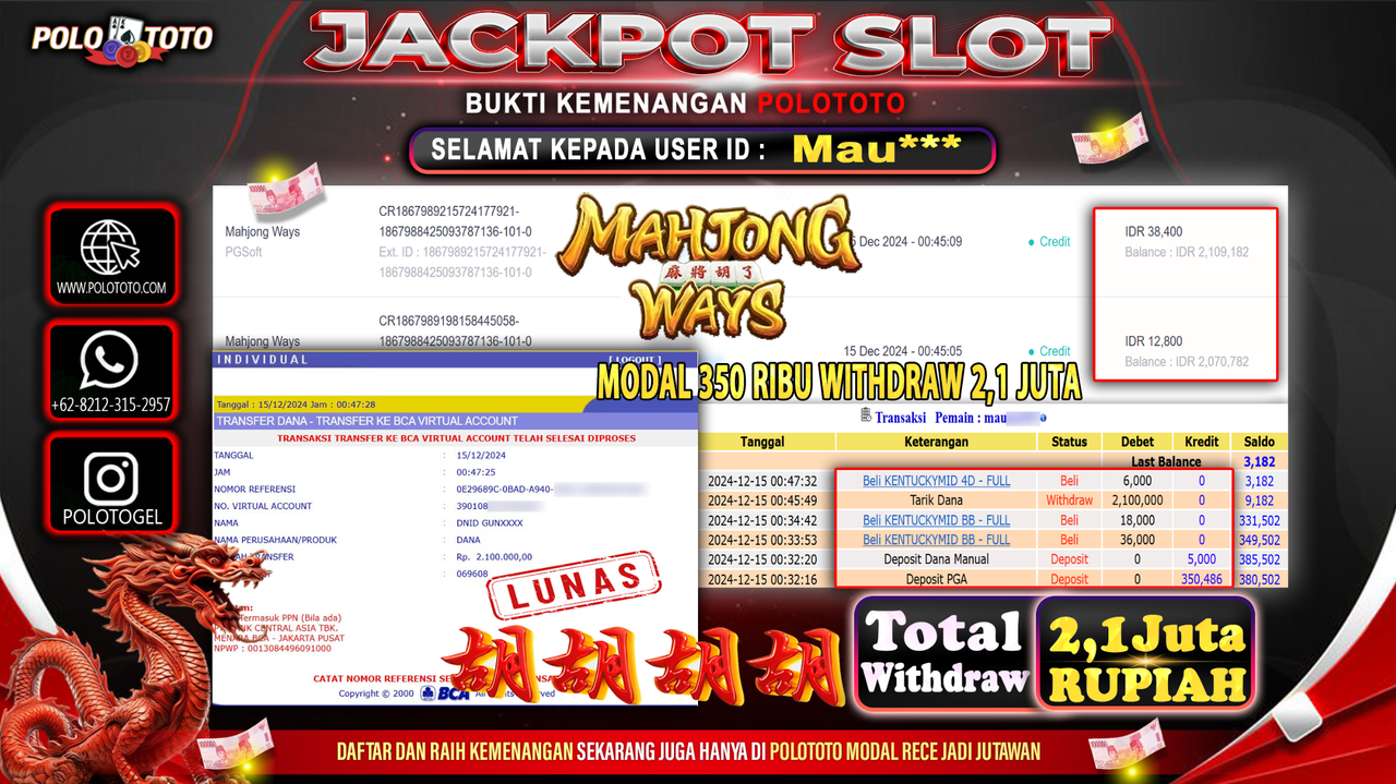 POLOTOTO JACKPOT SLOT MAHJONG WAYS Rp.2,100.000,-