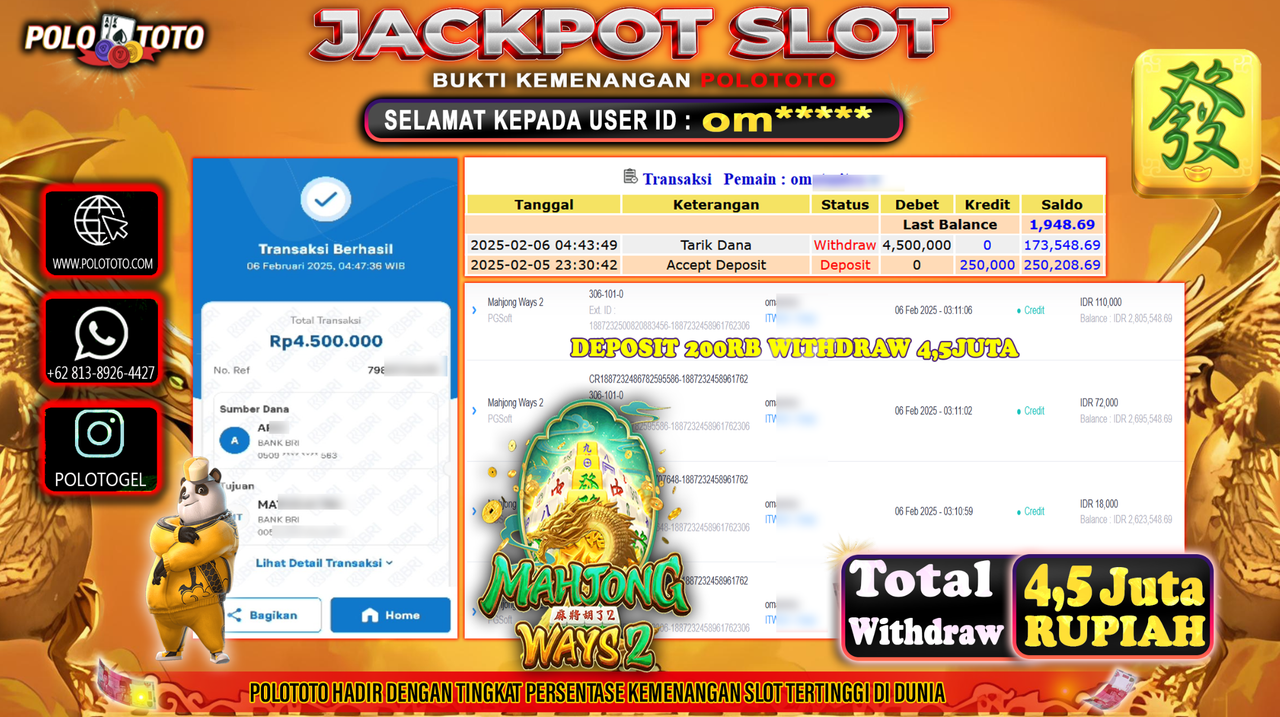 POLOTOTO JACKPOT SLOT MAHJONG WAYS 2 Rp.4,500.000,-