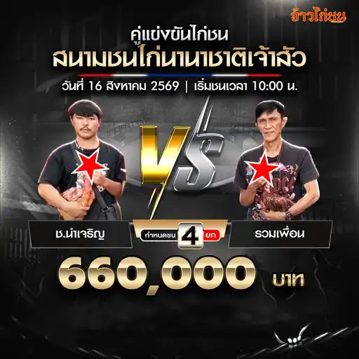 ช.นำเจริญ พบ รวมเพื่อน สนามชนไก่นานาชาติเจ้าสัว วันที่ 16 สิงหาคม 2569