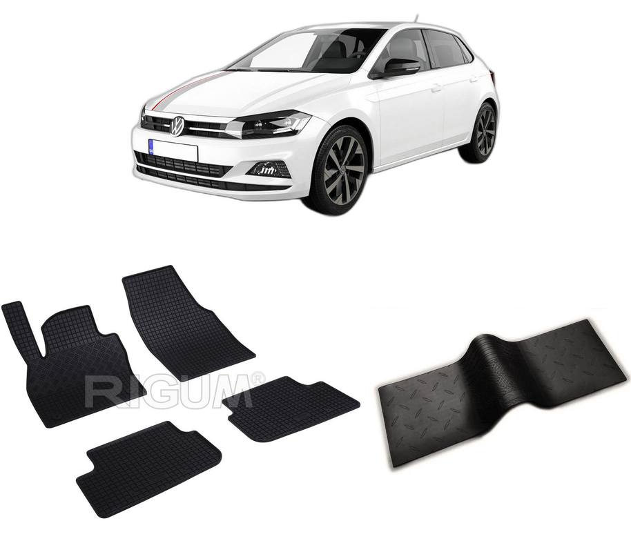Set covorase auto VOLKSWAGEN POLO VI din 10.2017-PREZENT, cu covoras tunel median, CAROSERIE HATCHBACK, Presuri cauciuc 100%, compatibil cu autoturismul VOLKSWAGEN POLO VI, Rigum