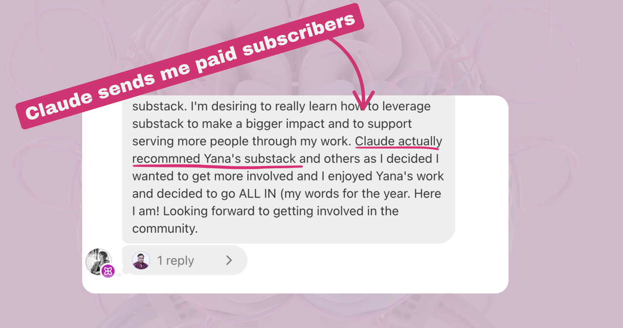 Claude AI recommending Yana G.Y. substack, resulting in a paying founding member