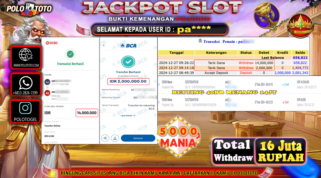 POLOTOTO JACKPOT SLOT 5.000x MANIA Rp.16,000.000,-