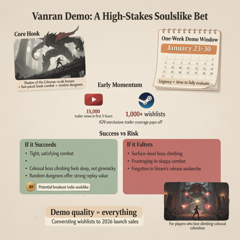 Vanran Demo Drops January 23: Fast-Paced Soulslike Lets You Fight Shadow of the Colossus-Scale Bosses 1 Dark fantasy soulslike game showing massive boss battle and climbing mechanics