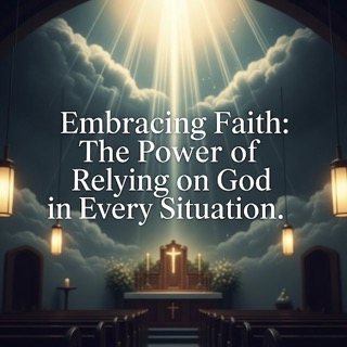 Alt text for the image:
A calming image displays the title "Embracing Faith: The Power of Relying on God in Every Situation" in elegant, bold text on a wall. Subtle religious imagery, soft lighting, and abstract clouds with divine light streaks create an atmosphere of serenity and hope.
