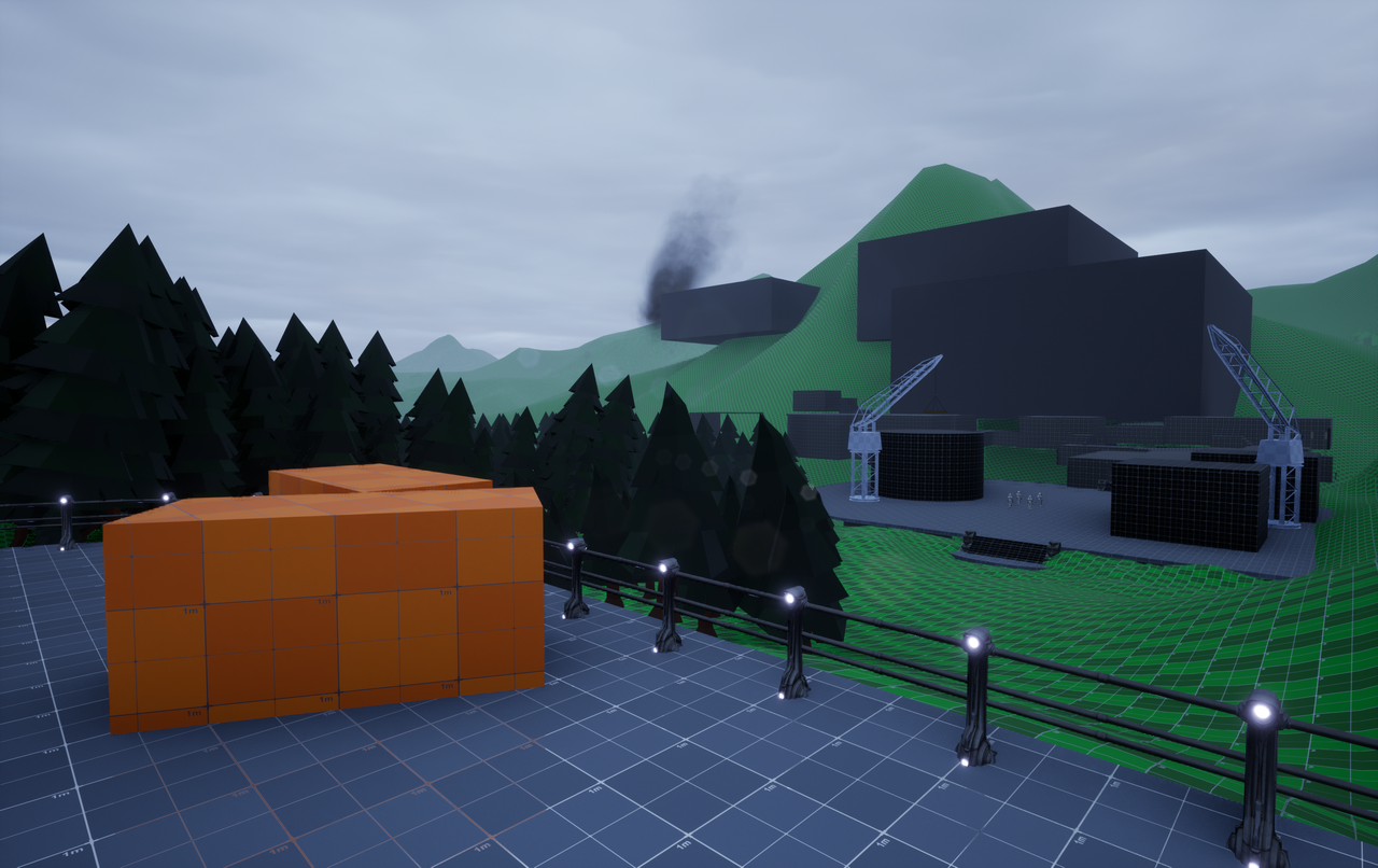 Exterior approach to the facility with strong silhouette and distant landmark visibility