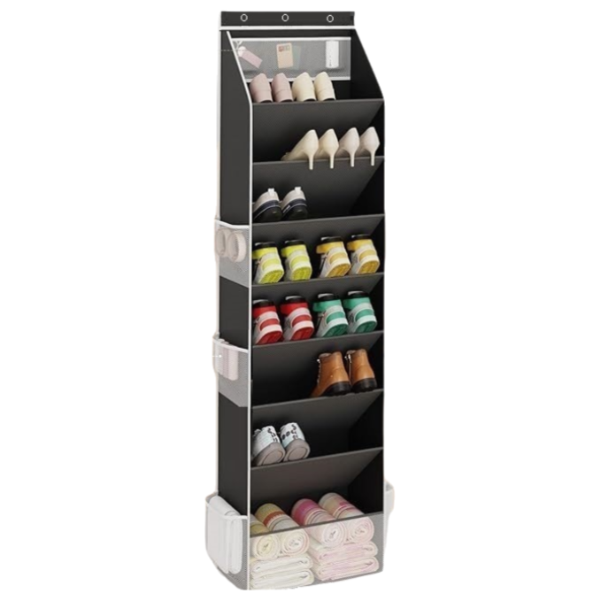 Black 8-Tier Over-the-Door Shoe Organizer with 7 Slanted & 1 Flat & 6 Side Pockets - Multi-Functional Wall Mount for Shoes, Bags and Towels