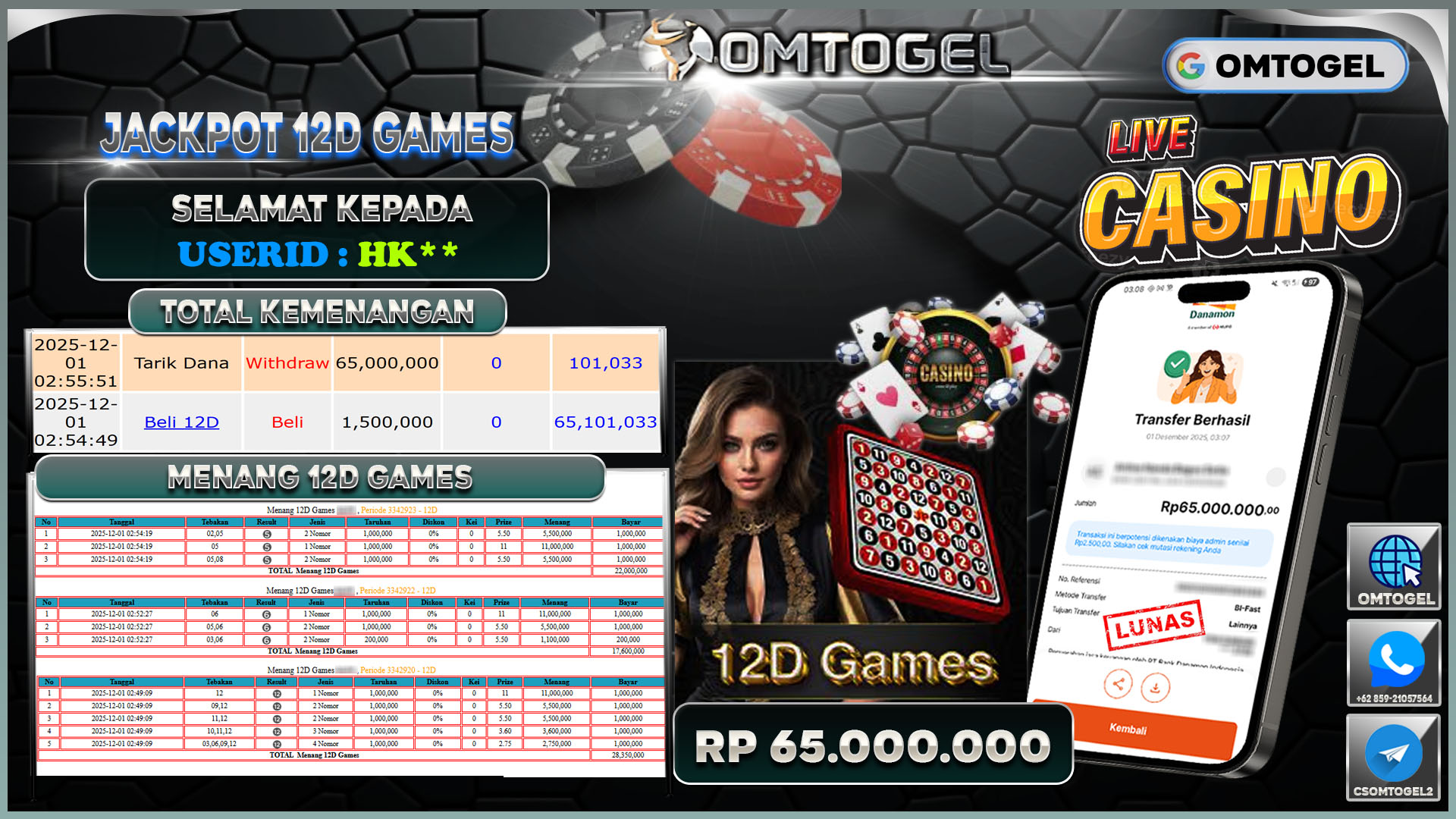 OMTOGEL JACKPOT LIVE GAMES 12D GAMES , 65 JUTA DI BAYAR LUNAS ,-