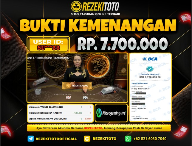 BUKTI KEMENANGAN 26 SEPTEMBER 2025 DRAGON TIGER 7 JUTA 