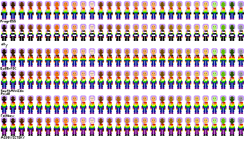 a row of people with pride flag shirts and light purple hair