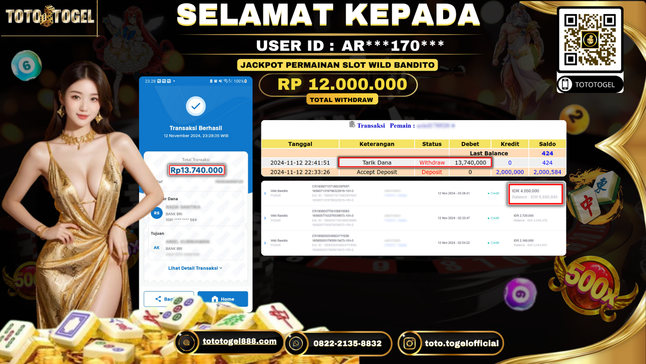 Bukti Pembayaran Jackpot Permainan Slot Wild Bandito ID: AR***170*** LUNAS 