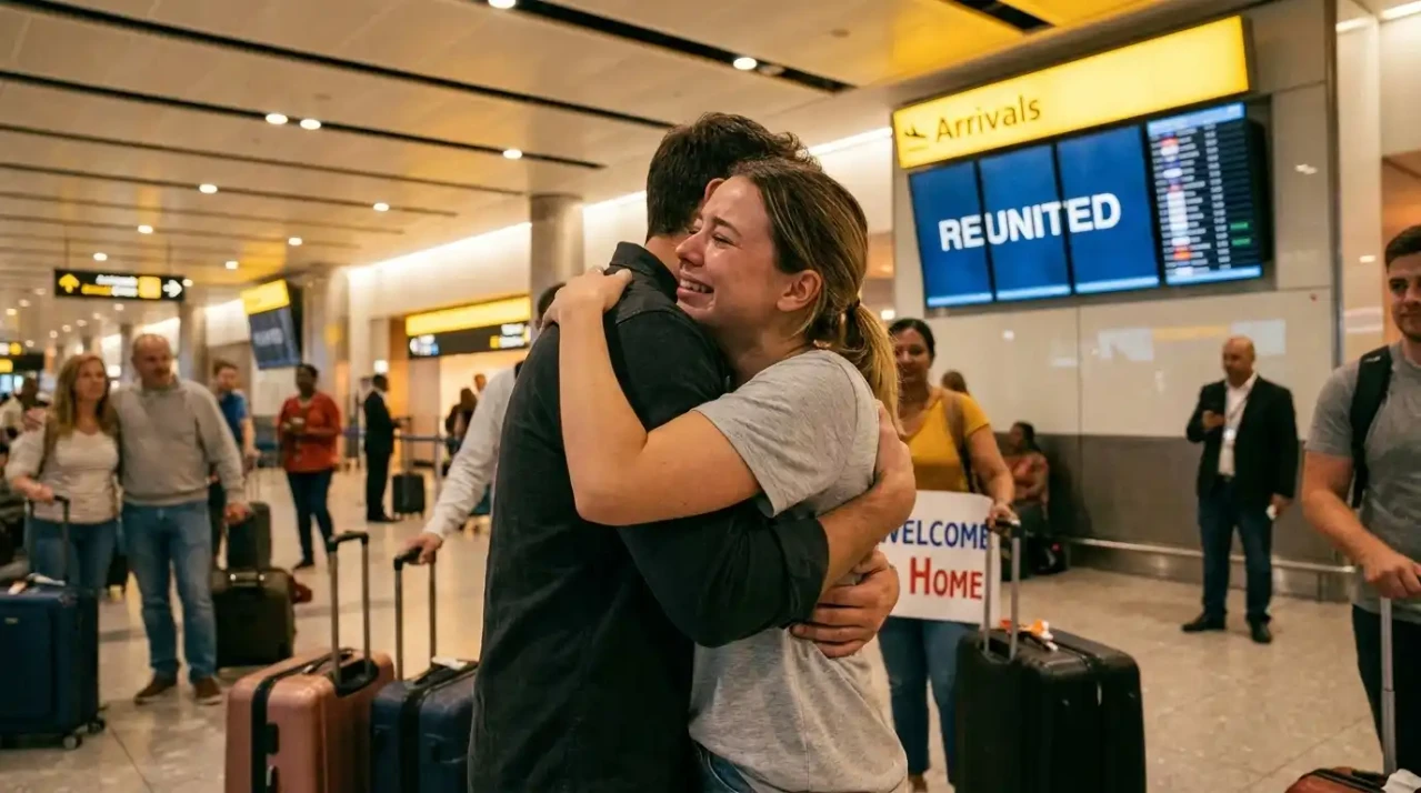 Abrazo fuerte, cálido y emotivo de una pareja que se reencuentra en la sala de llegadas de un aeropuerto con maletas al fondo