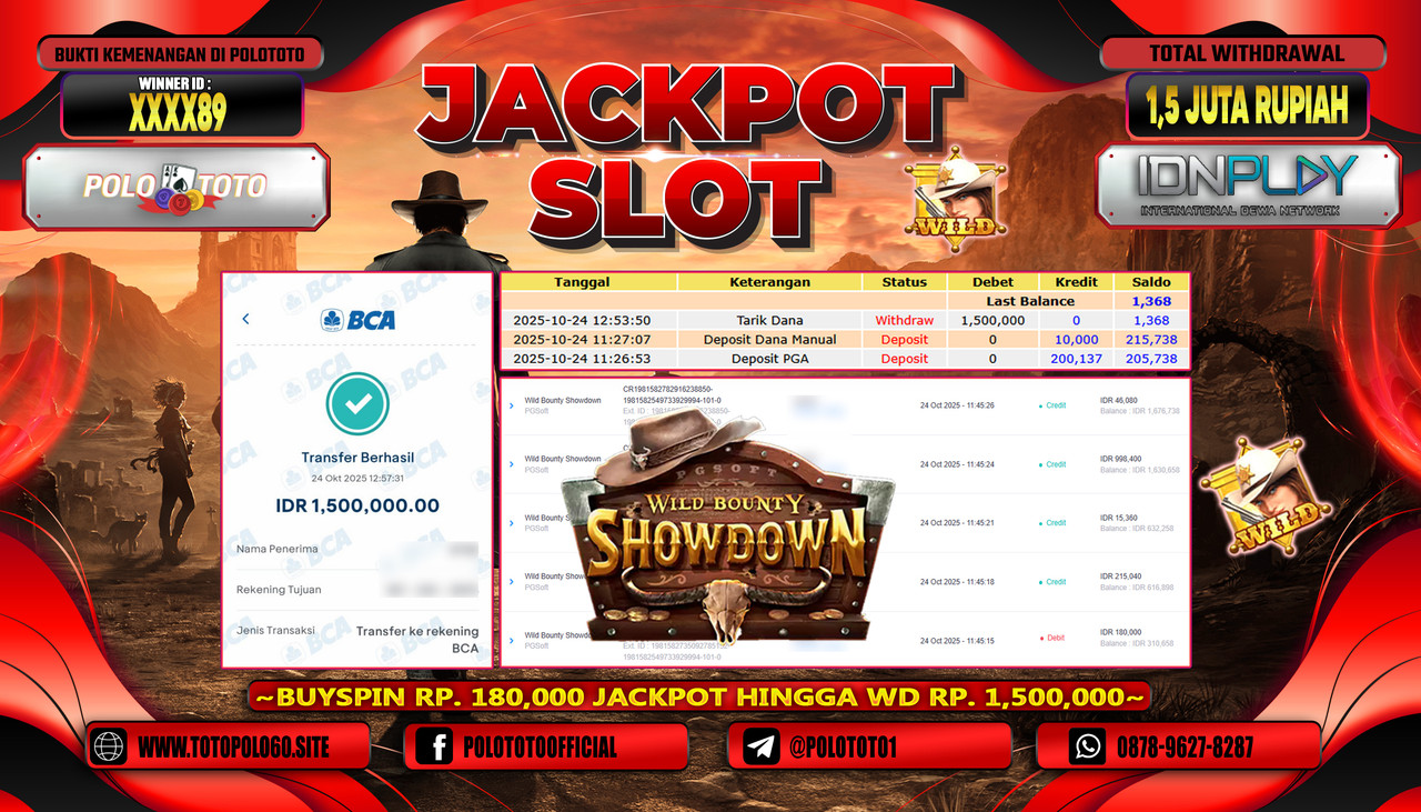 POLOTOTO JACKPOT SLOT WILD BOUNTY SHOWDOWN Rp.1.500.000,- LUNAS