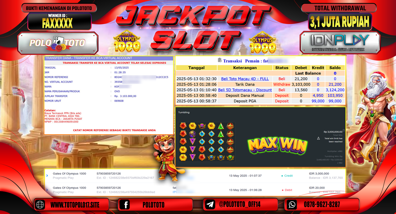 POLOTOTO JACKPOT SLOT GATES OF OLYMPUS 1000 Rp.3.103.000,-