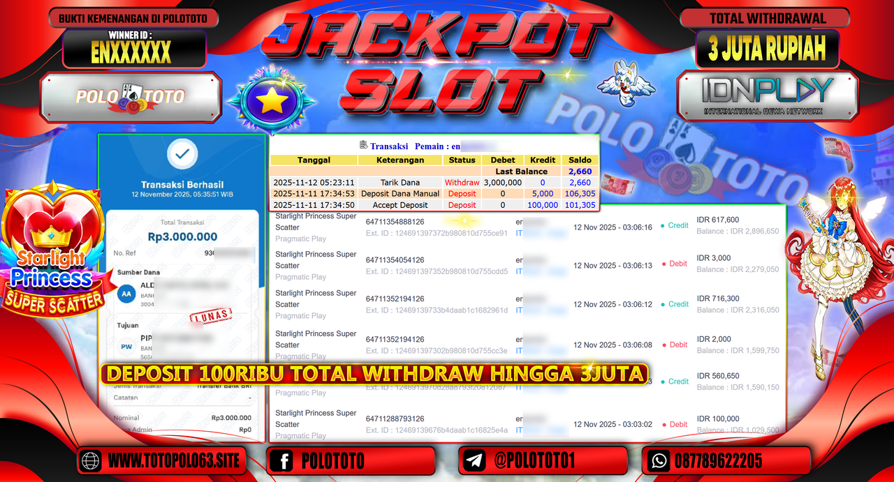 POLOTOTO JACKPOT SLOT STARLIGHT PRINCESS SUPER SCATTER Rp.3.000.000,- LUNAS