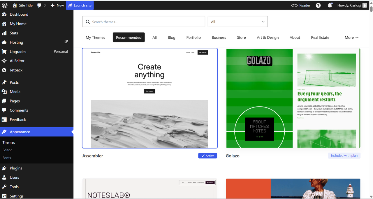 WordPress.com theme browser organized by category, showing the Assembler theme active