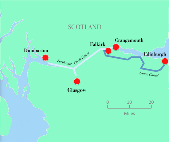 Map showing the Forth and Clyde Canal and the Union Canal