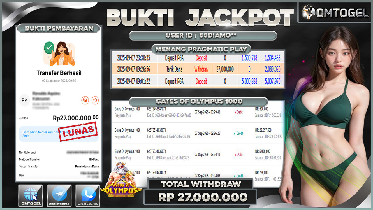 OMTOGEL JACKPOT PRAGMATIC PLAY GATES OF OLYMPUS 1000 27 JUTA DI BAYAR LUNAS ,-