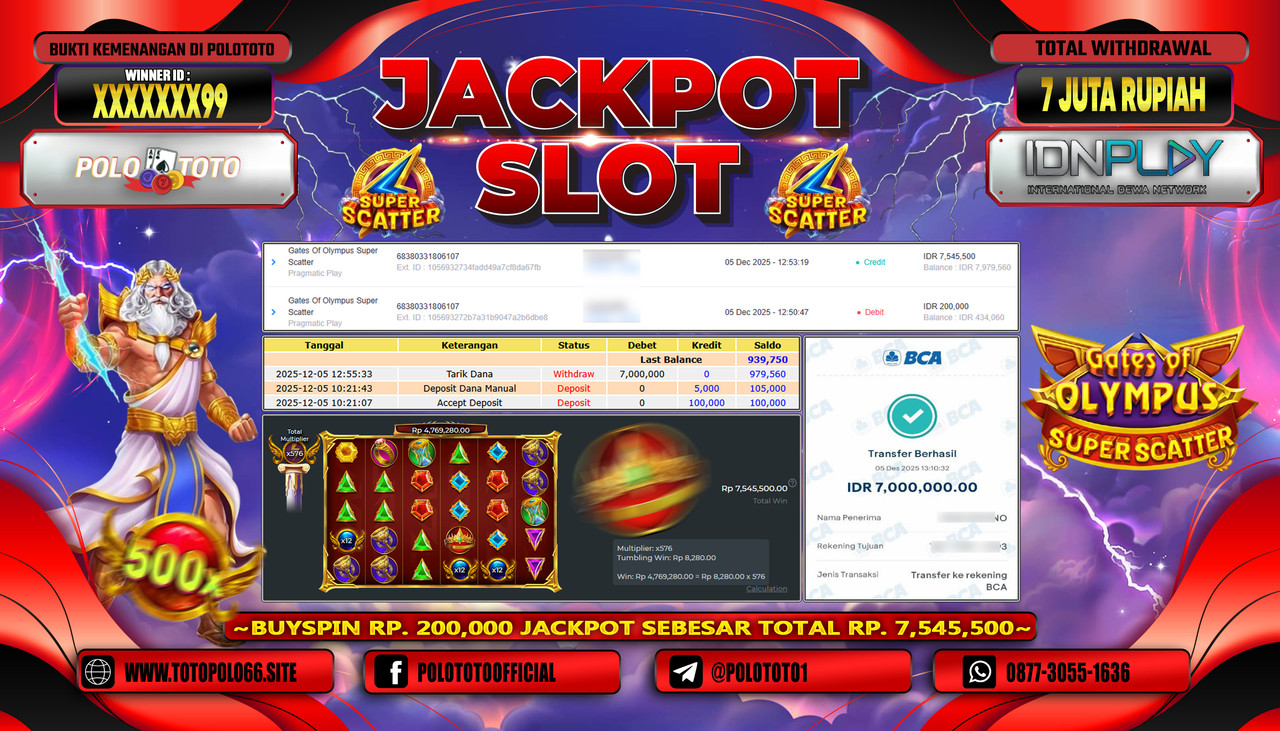 POLOTOTO JACKPOT SLOT GATES OF OLYMPUS SUPER SCATTER Rp.7.000.000,- LUNAS
