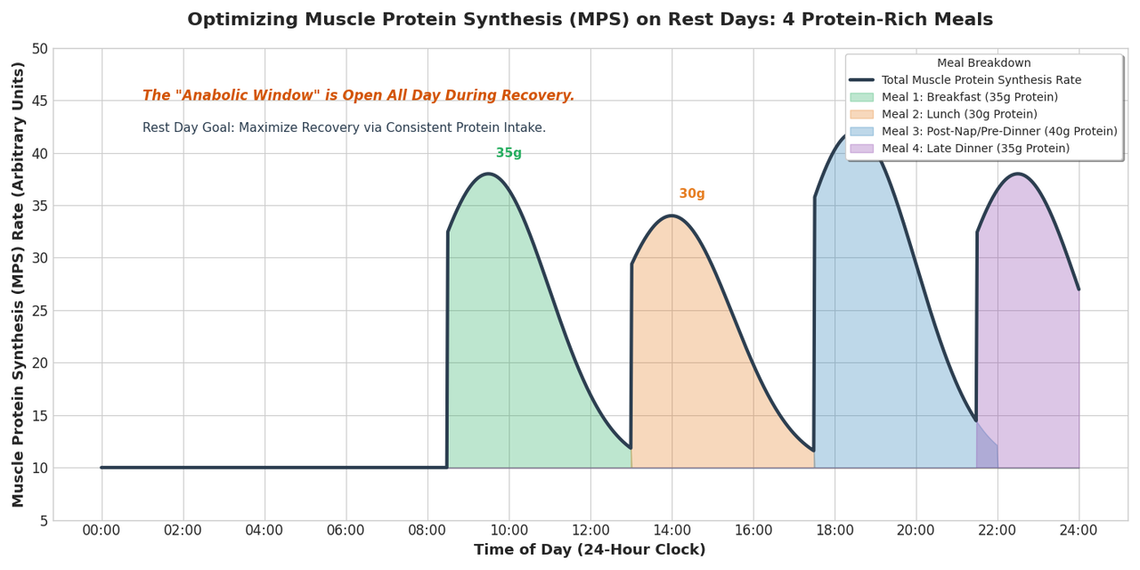 Protein timing chart for rest days showing 3-4 meals with 30-40g protein each for role of rest days in progressive overload