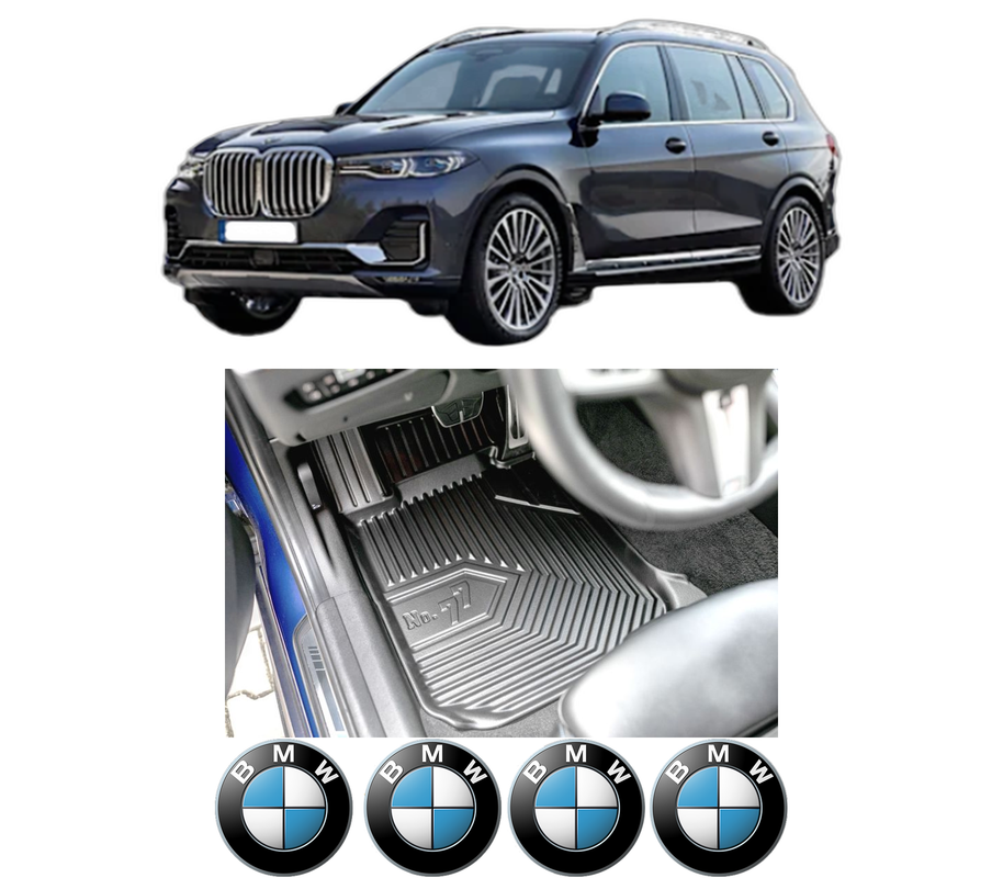 Set covorase presuri BMW Seria X7 (G07) din 2019-2022, auto, din cauciuc thermoplastic, 4 Stickere auto cu BMW Seria