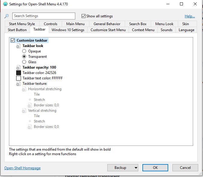 open-shell settings transparent taskbar
